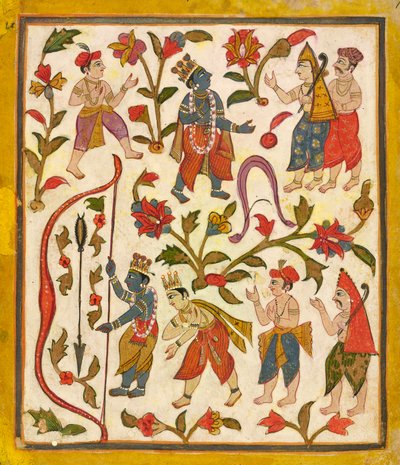Krisna és az íj, a Tula Ram Bhagavata Purana 24. fóliója, kb. 1720. alkotó: Unbekannt