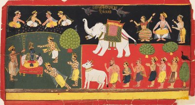 Krsna, akit Indra tisztelt, fehér elefánton érkezik, 1720 alkotó: Unbekannt