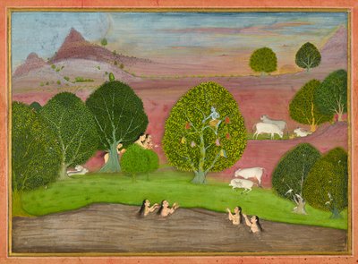 Krsna ellopja a gópik ruháit, fóliót egy Bhagavata Puránából, kb. 1690-1700. alkotó: Unbekannt