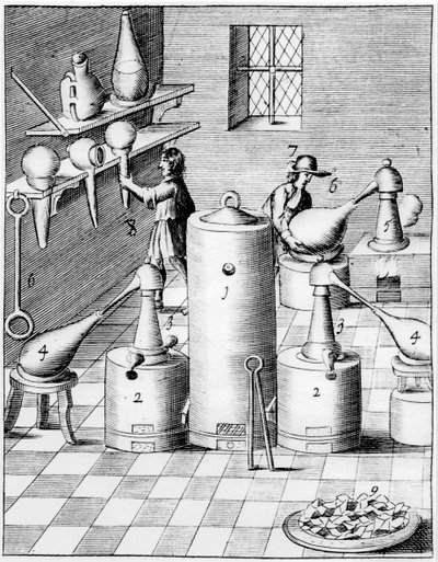 Laboratórium arany és ezüst finomítására tipikus laboratóriumi felszerelésekkel, 1683 alkotó: Unbekannt