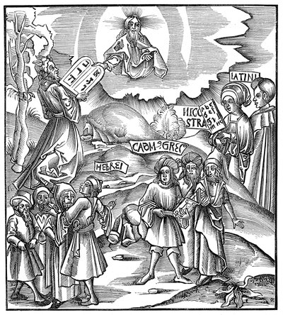 Nyelvek: Mózes átveszi Istentől a törvény héber nyelvű tábláit, 1512 alkotó: Unbekannt