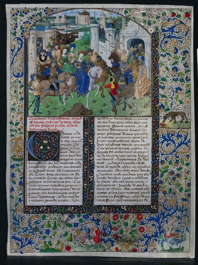 Levél Jehan de Courcys univerzális krónikájából: Priamosz király találkozik Helénával és Párizssal..., c. 1470. alkotó: Unbekannt