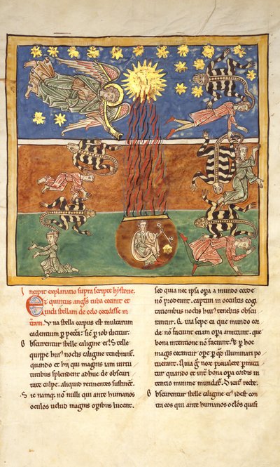 Levél egy Beatus-kéziratból: az Ötödik Angyalok Klariónjánál Trombita..., kb. 1180. alkotó: Unbekannt