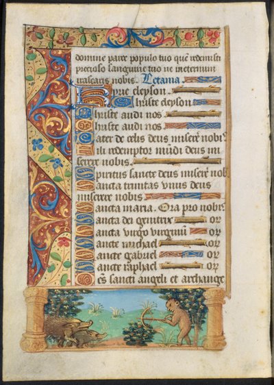 Levél egy órakönyvből: majomvadászó vaddisznók recto és majomhalászat verso , c. 1500-1510. alkotó: Unbekannt