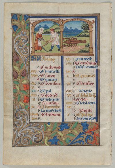 Levél egy órakönyvből: Június naptári oldala, c. 1510. alkotó: Unbekannt
