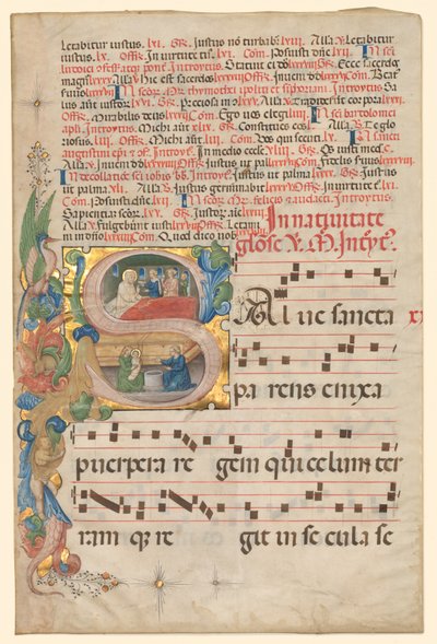 Leaf from a Gradual: Historiated Initial S[alve Sancta Parens] a Szűz születésével recto, c. alkotó: Unbekannt
