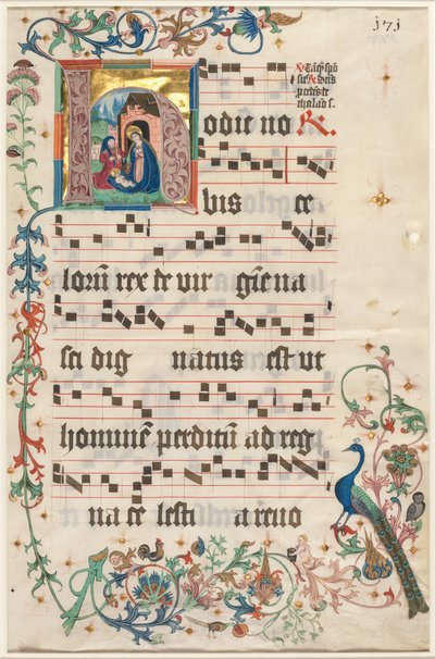 Levél egy antifonáriumból: H kezdőbetűvel a betlehemes recto és szöveg verso, c. 1480. alkotó: Unbekannt
