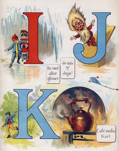 I, J és K betű: Csúszni fognak, én Mr. Jojo vagyok és a Moka Karl kávézó. Metszet "ABC L