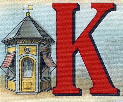 K betű: kioszk. Metszet "Alphabet de ma petite fille". Bernardin-Bechet és Fils, könyvkereskedő-kiadók, Párizs, 1895 körül. Törhetetlen album vásznon. Bibliotheque des Bebes. 12 oldal. Olvasási módszert és szemléltető abecedart tartalmazó album alkotó: Unbekannt