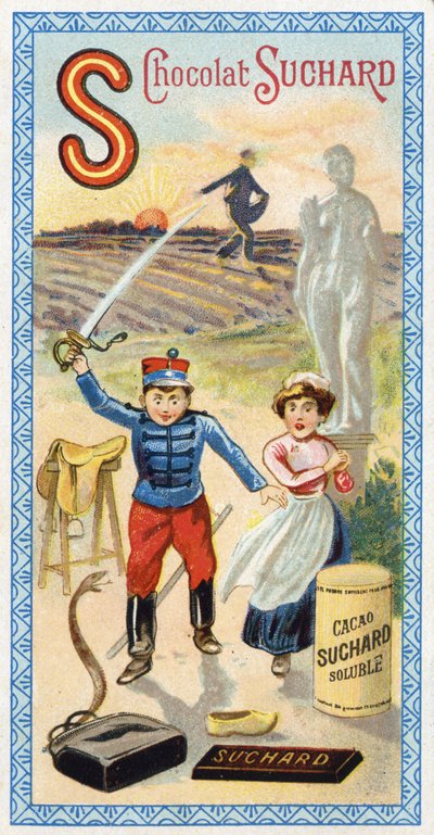 S betű: nap, vetés, magvető, szolga, kábulat, katona, kard, nyereg, kígyó, szobor, pata, táska. Az ábécé metszetét Chocolat Suchard szerkesztette, a XX. század eleje. 24 kromolitográfia, amelyek helyeket, karaktereket és tárgyakat ábrázolnak alkotó: Unbekannt