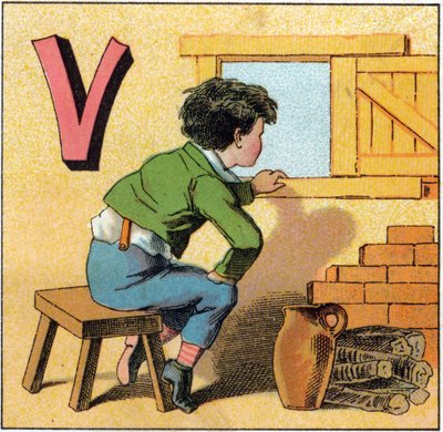 V betű, mint vasistas. Kíváncsi gyerek néz ki az ablakon. Metszet „Alphabet des petits ecoliers” felirattal. Az Epinal képalkotása, 1885 körül. Privee Collection alkotó: Unbekannt