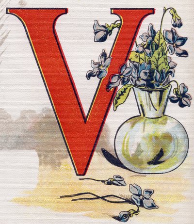 V betű: váza ibolyával. Metszet "ABC L
