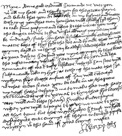 VIII. Henrik király levele Wolsey bíborosnak ("Az enyém jó bíboros"), amelyben megköszönte a kemény munkáját, felszólította, hogy vegyen egy kis időtöltést és vigasztalást, és barátságos üzeneteket küld feleségétől, Aragóniai Katalin királynőtől, 1518 körü alkotó: Unbekannt