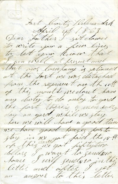 David T. Massey (Fort Curtis, Helena, Ark.) által aláírt levél apjának (Nathan Massey), 1863. április 21. alkotó: Unbekannt