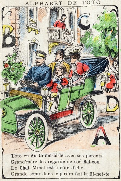 Betűk A B C D Autó Erkély Macska étkező. "Alphabet de Toto" metszet, 19. század vége. Pont-a-Mousson képalkotás. Louis Vagne, nyomdász-kiadó. 12 oldal. Reklámalbum, amely egy illusztris apát és egy egyszerűsített olvasási módszert tartalmaz. Homályos: alkotó: Unbekannt