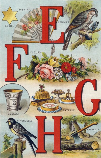 E F G H betűk; Nyel; Ventilátor; Virágok; Sütemények; Csésze; Hachette; Nyel. Metszet "Alphabet de ma petite fille". Bernardin-Bechet és Fils, könyvkereskedő-kiadók, Párizs, 1895 körül. Törhetetlen album vásznon. Bibliotheque des Bebes. 12 oldal. Album co alkotó: Unbekannt