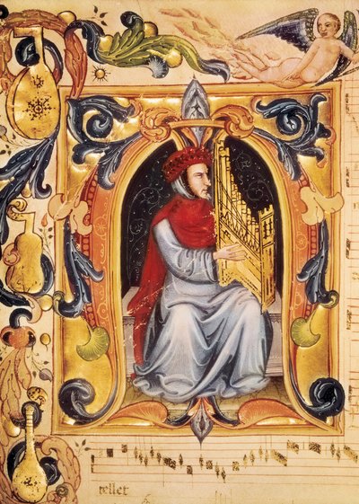 Lettrina férfival és orgonával a Codex Squarcialupi partitúrájával kezdődően (Antonio Squarcialupi alkotó: Unbekannt