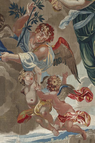 A Szűz élete: „A Szűz koronázása”” (A Szűz megkoronázása) Angyalok részlete Pierre Damour műhelyében készült gyapjú és selyem kárpit Charles Poerson (1609-1667) rajzaiból alkotó: Unbekannt