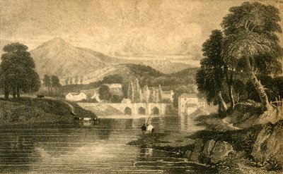 Llangollen híd, Dinas Bran kastély, a Dee folyón: Észak-Wales, 19. század. alkotó: Unbekannt