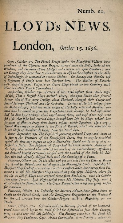 Lloyds News. London, 1696. október 15. – Ném. 1928. 20 alkotó: Unbekannt