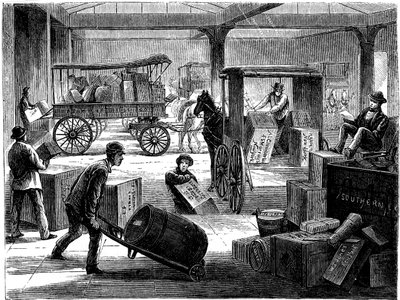 Lóvontatású furgonok berakodása a Wells Fargo általános irodájában, New York, USA, 1875 alkotó: Unbekannt