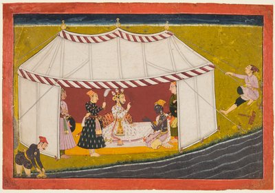 Madhava sátorban egy uralkodó előtt, egy Madhavanala Kamakandala sorozatból, c. 1700. alkotó: Unbekannt