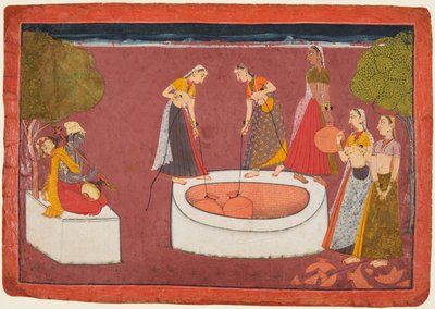Madhava eljátssza a vinát, mielőtt öt nő vizet merít egy kútból, egy Madhavanalából..., c. 1700. alkotó: Unbekannt