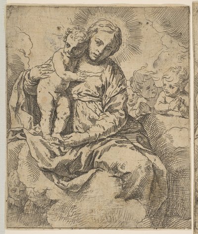 Madonna és Gyermek a felhőkön ülve, angyalokkal körülvéve, a másolat hátoldalán a..., 1639 körül vagy utána. alkotó: Unbekannt