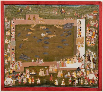 Maharaja Sangram Singh és udvara tigrisek és vaddisznók harcát figyeli meg Sadriban, kb. 1720. alkotó: Unbekannt