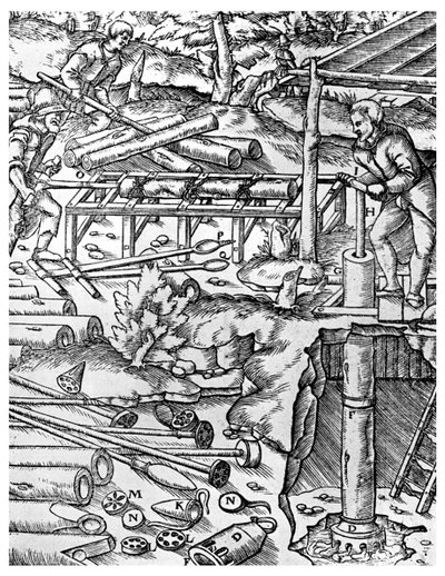 Szilfa szivattyúk készítése és használata bányák leürítésére a gőzgép kora előtt, 1556 1956 alkotó: Unbekannt
