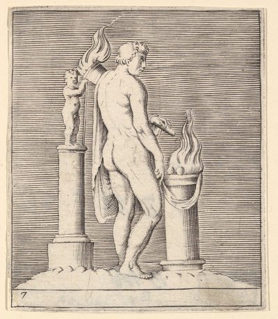 Ember fáklyával a lángoló oltár és a szobor között, megjelent kb. 1599-1622. alkotó: Unbekannt