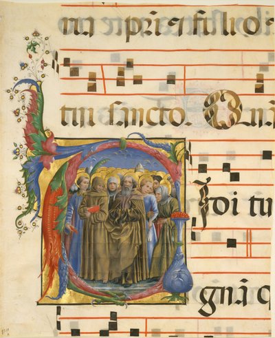 Kéziratos megvilágítás mindenszentekkel V kezdőbetűben, egy antifóniából, olasz, 1450-60. alkotó: Unbekannt