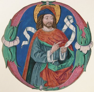 Kéziratos megvilágítás egy szent alakjával O-ban, kb. 1480. alkotó: Unbekannt