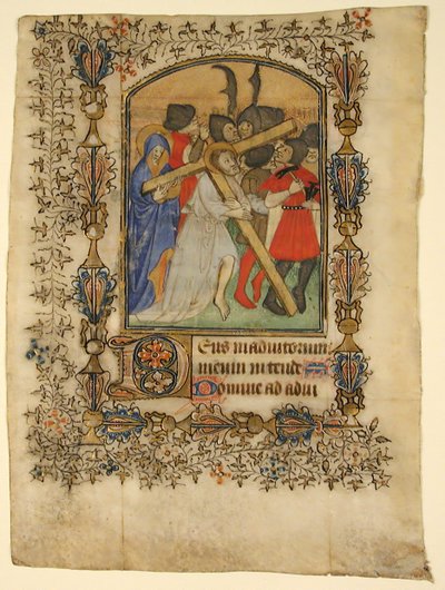 Kéziratos levél egy Órakönyvből... Megvilágított D kezdőbetű és keresztet hordozó Krisztus, 1390-140 alkotó: Unbekannt