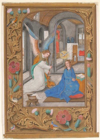 Kéziratos levél az Angyali üdvözlettel, egy Órakönyvből, kb. 1500-1525. alkotó: Unbekannt