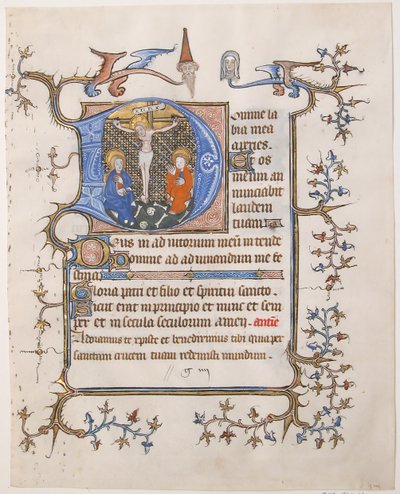 Kéziratos levél a keresztre feszítéssel D-ben, egy Órakönyvből, kb. 1350. alkotó: Unbekannt