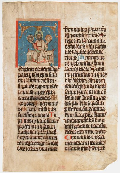 Kéziratos levél a Szentháromsággal T betűvel, egy misekönyvből, kb. 1390. alkotó: Unbekannt