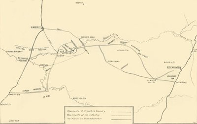 Térkép, amely a Kimberley felmentésére és Bloemfontein elfoglalására irányuló mozgalmakat illusztrálja, 1901. alkotó: Unbekannt
