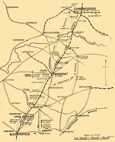 Térkép, amely az előrehaladási vonalakat mutatja Bloemfontein és Pretoria között, 1901. alkotó: Unbekannt