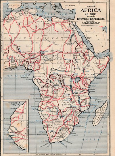 Afrika térképe 1891-ben, amelyen a felfedezők útvonalai láthatók alkotó: Unbekannt