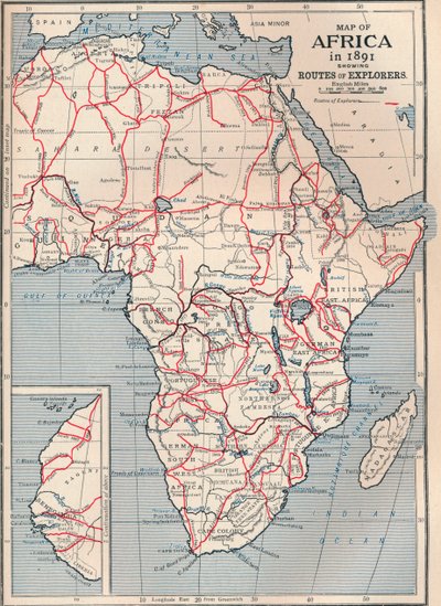Afrika térképe 1891-ben, amelyen a felfedezők útvonalai láthatók, 1906 alkotó: Unbekannt