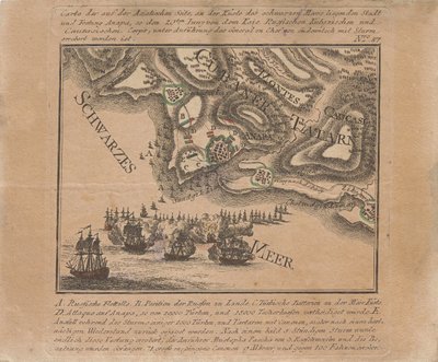 Az Anapa tengeri erőd orosz csapatok által a Fekete-tengeren 1791 júniusában 1791 júniusában történő elfoglalásának térképe. alkotó: Unbekannt