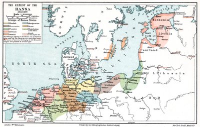 A Hanza-szövetség kiterjedésének térképe 1400 körül alkotó: Unbekannt