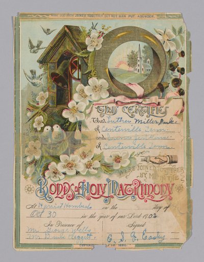 Luther Miller Pulce és Irene Jenkins házassági anyakönyvi kivonata, 1902. október 30. alkotó: Unbekannt