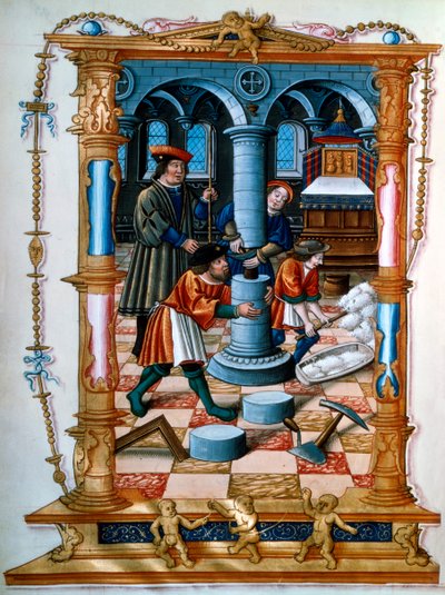 Kőművesek oszlopot építenek egy templomban, 1525 alkotó: Unbekannt