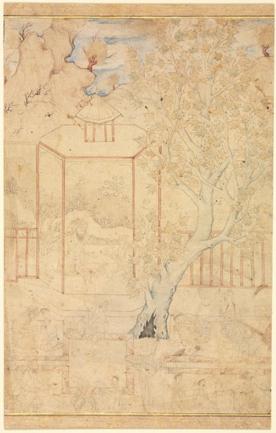 Mester és tanítvány a kerti pavilonban, egyoldalas illusztráció, c. 1570-1590-es évek. alkotó: Unbekannt