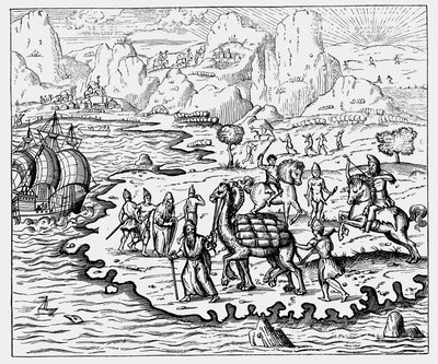 A partra árut szállító kereskedők és tevével várakozó hajó, 1575 alkotó: Unbekannt