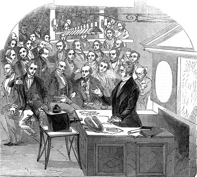 Michael Faraday előadásokat tart az elektromosságról és a mágnesességről, Royal Institution, London, 1846 alkotó: Unbekannt