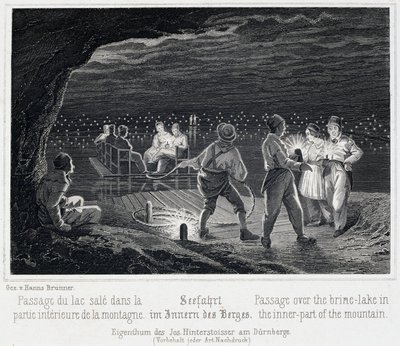 Sóbánya: a Sóstó átkelése a hegy belsejében, 1850 körül, Durrnbergben, Ausztriában alkotó: Unbekannt