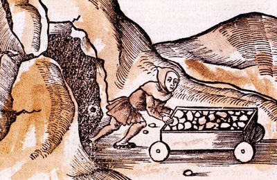 Bányász, aki kocsit tol a bánya bejáratától, 1508 alkotó: Unbekannt